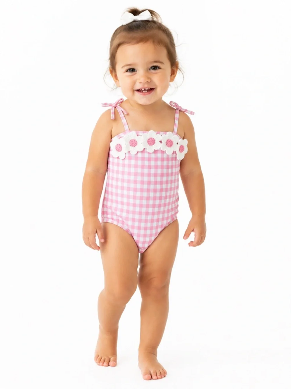 New - Nicole Miller Pink Gingham Floral-Trim One-Piece Swimsuit | Size 18 Months